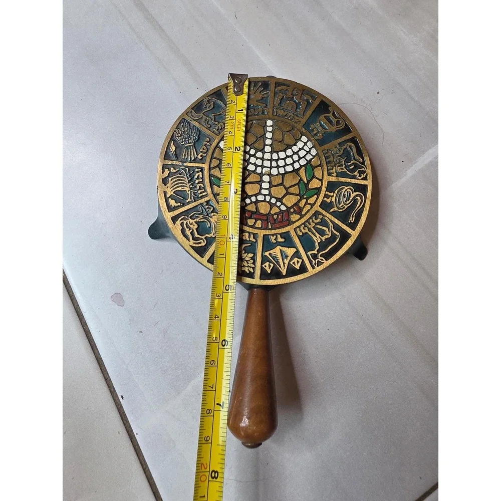 Vintage Israel Brass Cast Iron Trivet 12 Tribes of Israel Menorah Wooden A5 - Picture 14 of 15